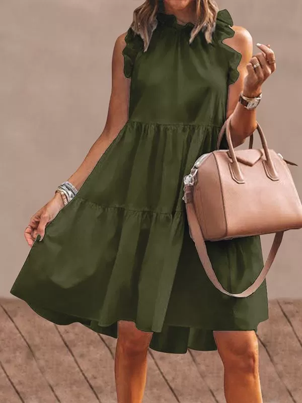 Stylish Solid Color Falbala Sleeveless Stand Collar Midi Dress