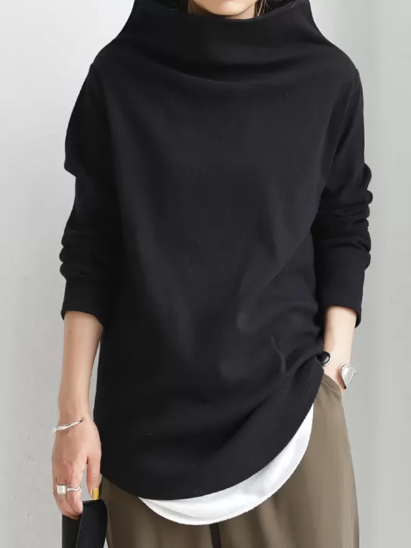 Simple Casual Loose High-Neck Long Sleeves T-Shirt Tops
