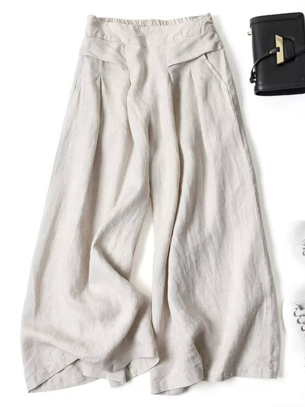 Solid Color Ramie Cotton Plus Size Loose Ninth Wide-Leg Pants