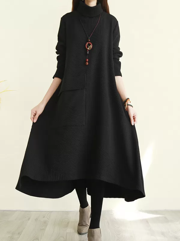 Loose A-Line Cropped High-Neck Long Sleeves Dress