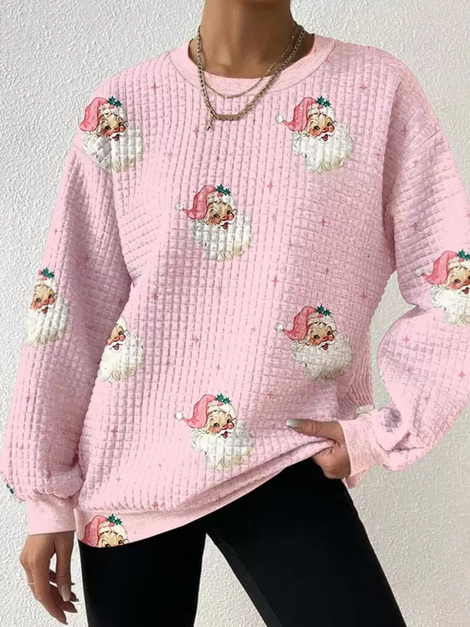 🔥Buy 3 Get 10% Off🔥Pink Santa Claus Print Drop Shoulder Check Sweatshirt