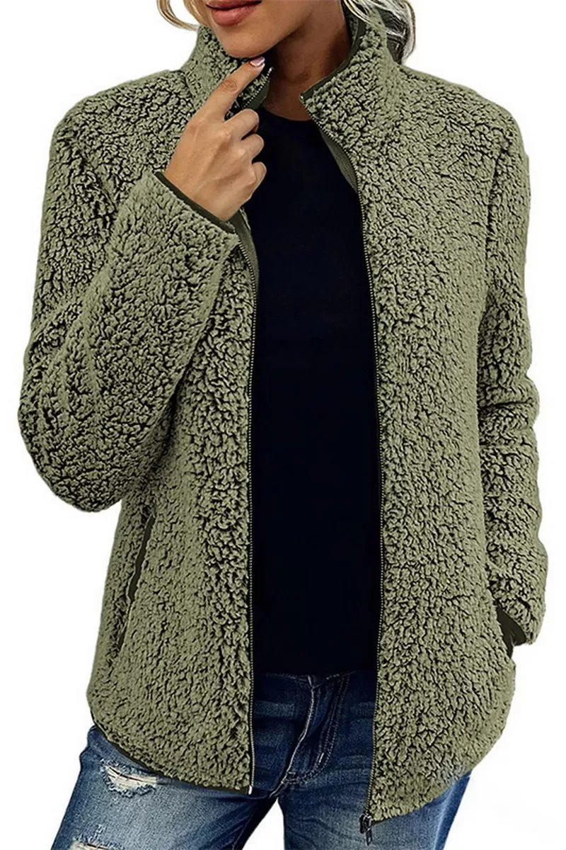 Short Jacket Lapel Zipper Warm Plush Fleece Zipper Casual Coat Top